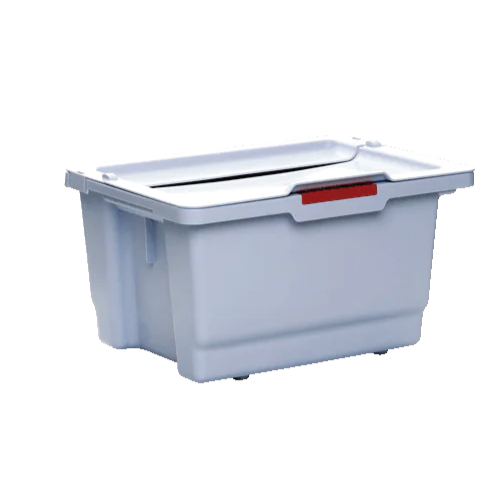 White plastic storage tote with a hinged lid and red latch.