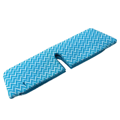 Blue chevron-patterned two-piece foam cushion with a central gap between the halves.
