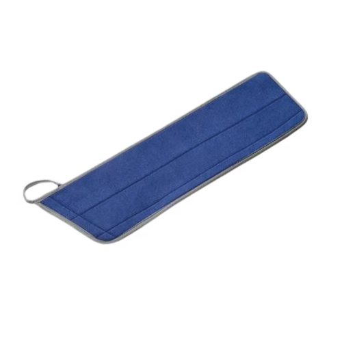 Blue rectangular padded cushion with stitched panels and a metal loop at one end