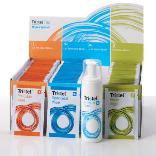 Tristel Wipes System display with orange pre-clean wipe, blue sporicidal wipe, green rinse wipe boxes, and a white activator foam bottle.