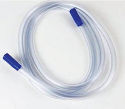 Coiled clear medical tubing with blue end caps on a white background