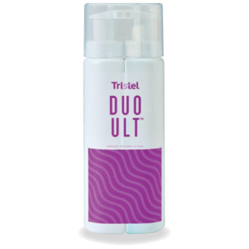 White spray bottle labeled DUO ULT by Tristel, with a purple wavy panel on the lower half.