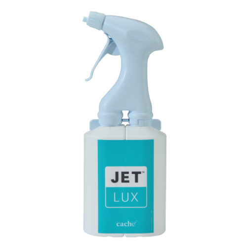 Cleaning spray bottle labeled 'JET LUX' with a teal label, used for cleaning surfaces.