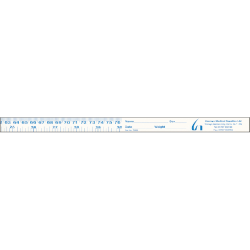 White medical measuring ruler with blue centimeter scale and a small logo on the right.