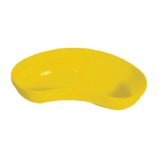 Yellow crescent-shaped silicone device with a hollow underside on a white background.