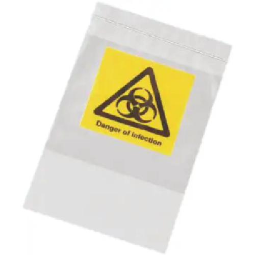 Small white plastic bag with a yellow biohazard warning label reading 'Danger of Infection'.