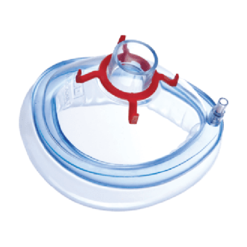 Transparent circular anesthesia mask component with a red connector ring for breathing circuits.