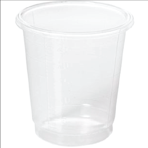 Transparent plastic cup with a solid base and lightly flared rim, viewed from the side.