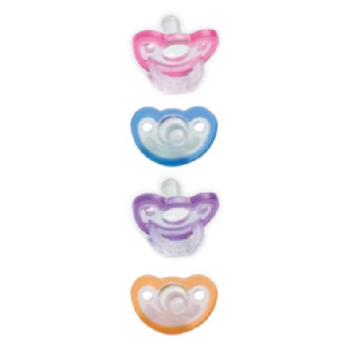 Four baby pacifiers in a vertical column: pink, blue, purple, and orange colors.
