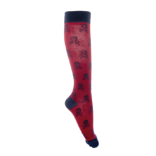 Red knee-high sock with a navy skull pattern, navy toe, and navy cuff displayed on a leg mannequin