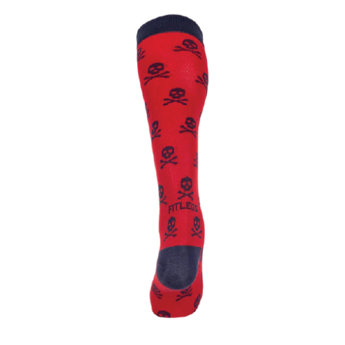 Red knee-high sock with black skull-and-crossbones pattern, navy toe and heel, branded FITLEGS.
