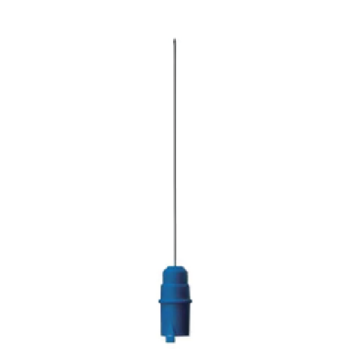 Blue-handled precision screwdriver with a long, slender metal shaft extending upward.