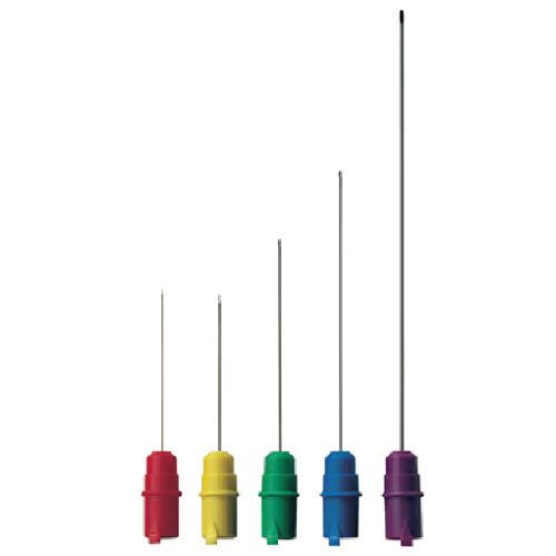 Five color-coded electrical test probes with long thin metal tips, arranged in a row (red, yellow, green, blue, purple).