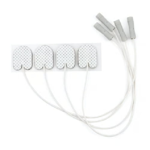 Set of four adhesive electrode pads with white wires and a multi-pin connector for transcutaneous electrical stimulation (TENS) therapy.