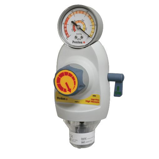 Medical anesthesia/oxygen gas regulator with round pressure gauge and blue flow-control knob, labeled Penlon, for delivering gas to a patient