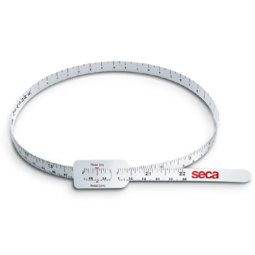 White flexible measuring tape forming a loop with a sliding readout, used to measure body dimensions (waist). Branding reads 'seca'.