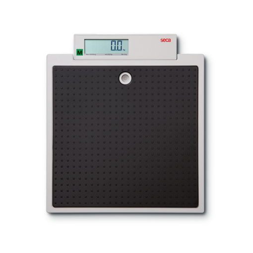 Digital medical scale with a large textured square weighing platform and a small display unit on top showing zero (brand 'seca').