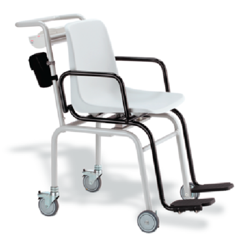 Mobile patient transfer chair on wheels with white seat and black armrests, used for transporting patients in medical settings.