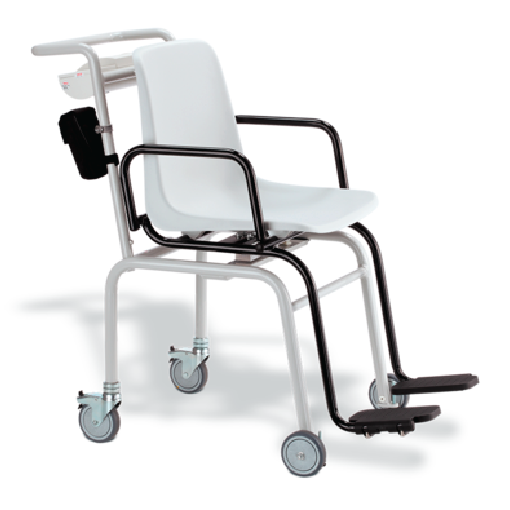 Mobile patient transfer chair on wheels with white seat and black armrests, used for transporting patients in medical settings.