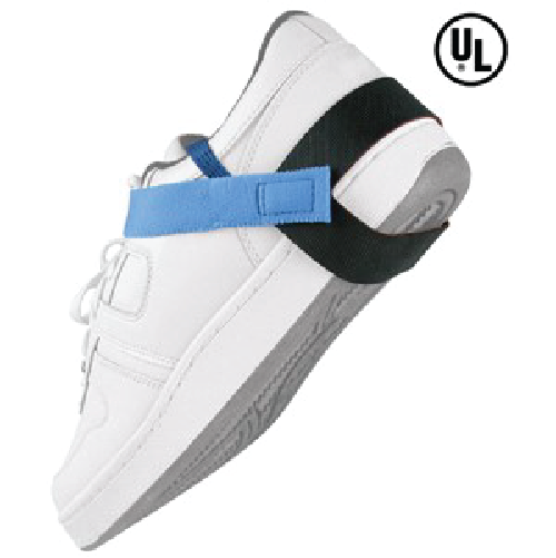 White medical walking boot with a blue strap and a UL certification mark on the top edge.
