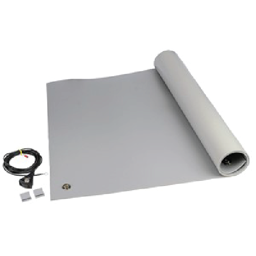 Roll of grey material partially unrolled with a power cable and small adapters beside it
