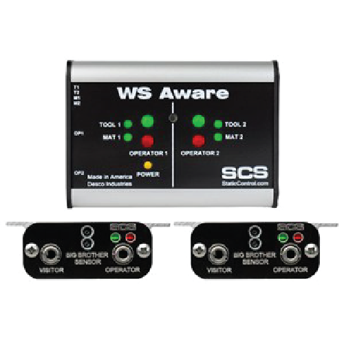 WS Aware device featuring a central display with status lights and two black control panels labeled Visitor and Operator linked by a bar.