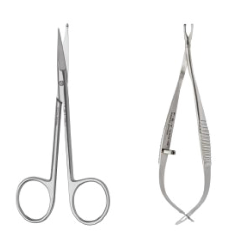 Two stainless steel surgical instruments: on the left, a pair of straight surgical scissors; on the right, a locking needle holder (forceps) with textured handles.
