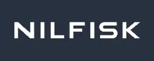 Nilfisk logo: white wordmark on a dark blue background.