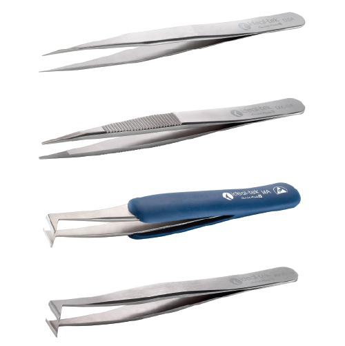 Four precision tweezers with different tip shapes stacked vertically, including a blue-handled pair.