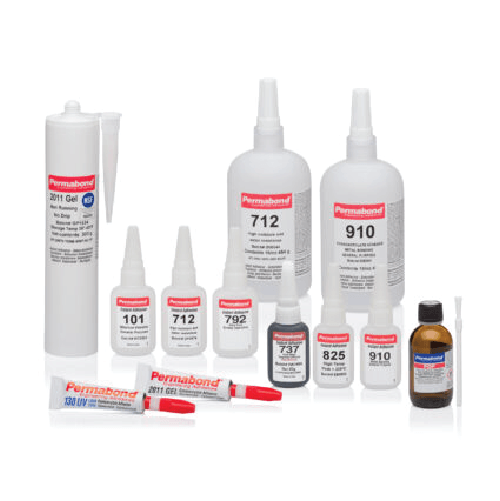 Assorted Permabond adhesive bottles and tubes arranged on a white background.
