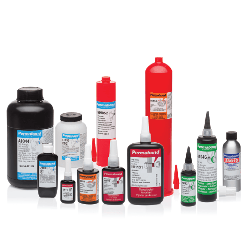 Row of Permabond adhesive bottles in multiple sizes and colors arranged on a white background, showing the brand's industrial glues and sealants.