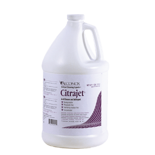 White plastic gallon jug with a built-in handle, labeled CitraJet acid cleaner and detergent (large purple label)
