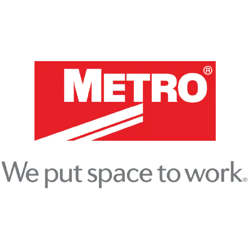METRO logo: red rectangle with white 'METRO' text and diagonal stripes, followed by the gray slogan 'We put space to work'.