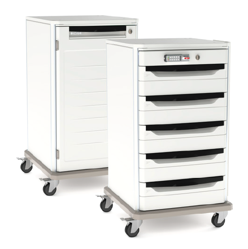 Two white metal mobile storage cabinets on wheels; one has a door and the other has five shallow drawers.