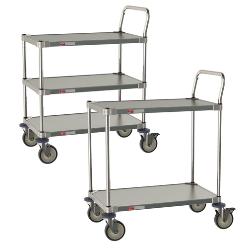 Two gray metal utility carts on casters with handles; one cart has three shelves, the other two, shown on a white background.