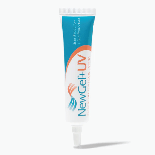 newgel wound care_1-8 Tube of NewGel+UV sunscreen (SPF 30) with scar reduction claim, blue and white packaging, standing upright with a shadow.