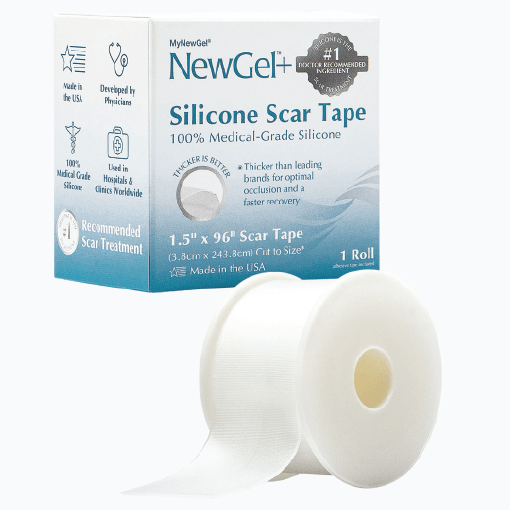 newgel wound care_4-8 NewGel+ Silicone Scar Tape box with a white roll; tape size 1.5 in x 96 in (3.8 cm x 24.3 cm).