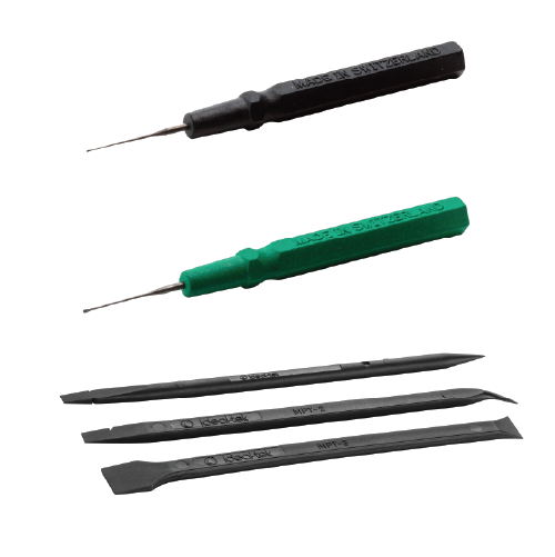 Set of precision sculpting tools: two needle-point awls with colored handles and three plastic blades for detail work