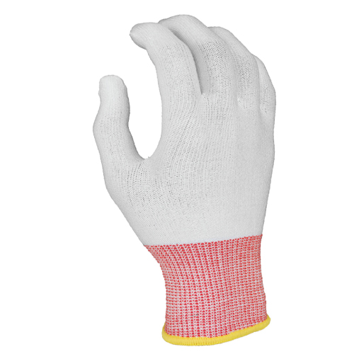 White protective work glove with a red knit wrist cuff and yellow edge at the cuff.
