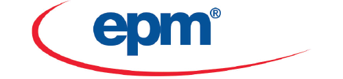 EPM brand logo with blue lowercase 'epm' text and a red curved swoosh arc.