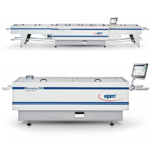 Two large industrial sign-cutting machines with touch-screen controllers, white with blue accents, shown on a white background.