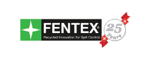 FENTEX logo with a green star, the wordmark 'FENTEX' and the tagline 'Recycled Innovation for Spill Control', plus a silver '25 years' anniversary badge with red ribbon accents.