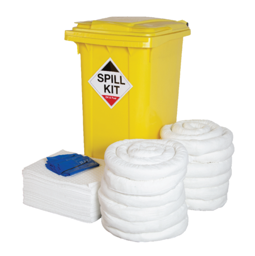Yellow spill kit with absorbent pads and rolls for chemical spills.