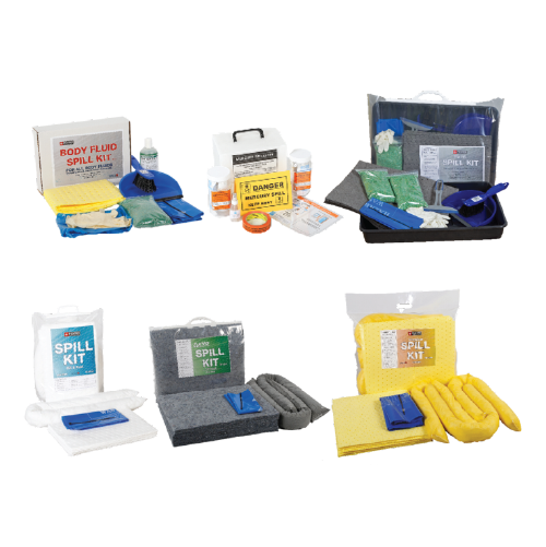 Set of spill kit components for various spills, including absorbent pads, gloves, bags, and cleaners in organized kits across five trays/bags.